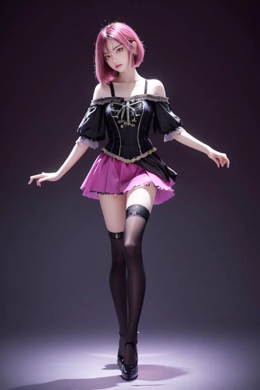 highly insanely detailed, masterpiece, top quality, best quality, highres, 4k, 8k, RAW photo, (very aesthetic, beautiful and aesthetic), full body angle, full body view, full_shot, full body, 1girl,   hair, very long hair,pink hair, bob cut hair,  black clothes,  magician's banded skirt, enigmatic,ornate,enveloping,cast,void-forged dark metal,enchanted moonlight fairy blouses,   , pity, leg cross, crossing one leg over the other, evoking a sense of elegance and intrigue, pure magenta background, transparent background,