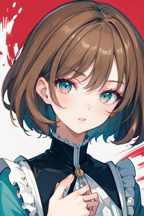 highly insanely detailed, masterpiece, top quality, best quality, highres, 4k, 8k, RAW photo, (very aesthetic, beautiful and aesthetic), (closeup, face only, face focus, face closeup, close up of face, face photo), 1girl, hair, very short hair,light brown hair, tousled waves hair, cyan clothes, evil, red and white background,