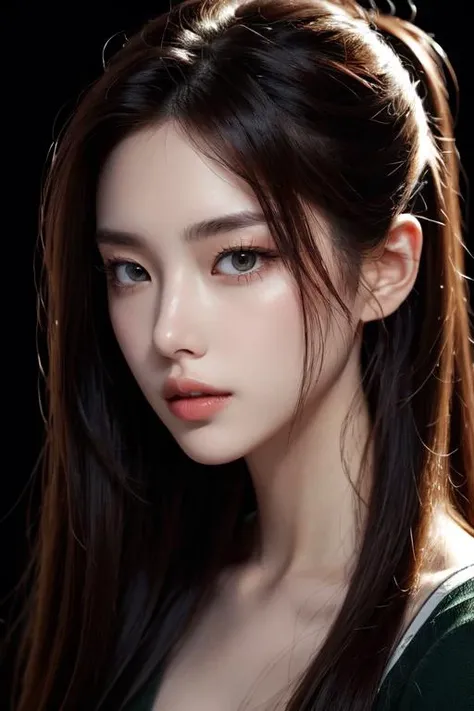 highly insanely detailed, masterpiece, top quality, best quality, highres, 4k, 8k, RAW photo, (very aesthetic, beautiful and aesthetic), (Face focus, face closeup, face and shoulder only, Portrait, upper_body, face photo), 1girl, (parted lips:1.4),  hair, long hair,chestnut hair, undercut hair,  green clothes,  , playing with hair, running fingers through hair with a seductive look, creating an intimate and captivating pose, pure black background, transparent background,