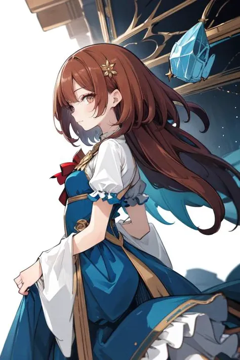 highly insanely detailed, masterpiece, top quality, best quality, highres, 4k, 8k, RAW photo, (very aesthetic, beautiful and aesthetic), profile, 1girl, (closed mouth:1.4),  hair, medium hair,chestnut hair, shag haircut hair,  blue clothes, enthrallment,crystal celestial dress,    , surprise, hair toss, tossing hair back, creating a dramatic and enticing effect, white background,