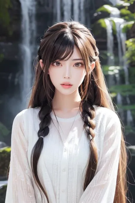 highly insanely detailed, masterpiece, top quality, best quality, highres, 4k, 8k, RAW photo, (very aesthetic, beautiful and aesthetic), upper body, 1girl, (parted lips:1.4), (black eyes), hair, very long hair,dirty blonde hair, waterfall braid hair,  white clothes,  ,  dark background,