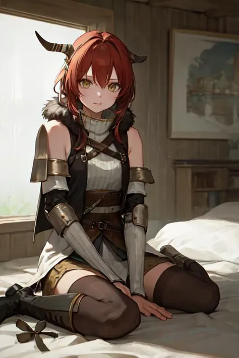 highly insanely detailed, masterpiece, top quality, best quality, highres, 4k, 8k, RAW photo, (very aesthetic, beautiful and aesthetic), (Face focus, face closeup, face and shoulder only, Portrait, upper_body, face photo), 1girl,   hair, short hair,light auburn hair, wispy bangs hair,  yellow clothes, viking wearing Norse huntress costume with fur-trimmed hide vest, linen tunic, hide bracers, fur leggings, hide boots, vendel helmet, , wariza, sitting, w-sitting, hand between legs, between legs, cyan and white background,