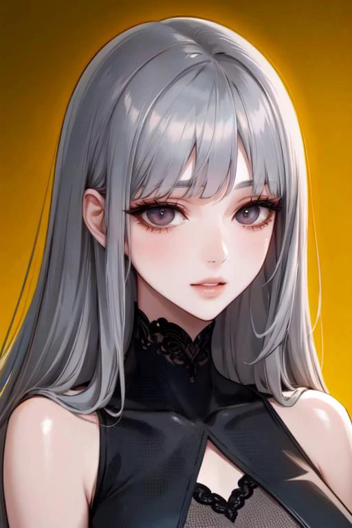 (otherworldly), highly insanely detailed, masterpiece, top quality, best quality, highres, 4k, 8k, RAW photo, (very aesthetic, beautiful and aesthetic), (Face focus, face closeup, face and shoulder only, Portrait, upper_body, face photo), 1girl, (gray eyes), very long hair,silver hair, swept bangs,parted bangs,blunt bangs , black clothes,   dark auburn lips, ,  pure yellow background, transparent background,, (fantasy world)