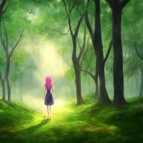 textless, Pretty Woman walking on a path, dreamy bright clearing, daylight, trees, bushes