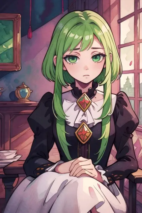masterpiece, best quality, wallpaper, 1girl, solo, looking at viewer, , depth of field, (watercolor illustration, soft pastel colors:1.1), realistic, <lora:sakura_nanamine:0.66>, sakura_nanamine, green hair, green eyes, sidelocks, , , A dark, foreboding castle where a wicked queen reigns, 16k resolution