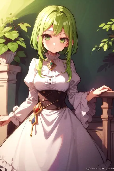 masterpiece, best quality, sketch, 1girl, solo, looking at viewer, , , , , <lora:sakura_nanamine:0.72>, sakura_nanamine, green hair, green eyes, sidelocks, , mardi gras costume, An enchanted forest where magical creatures and plants abound, 4k resolution