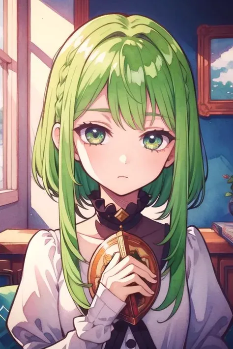 masterpiece, best quality, movie still, 1girl, solo, looking at viewer, upper body, depth of field, (watercolor illustration, soft pastel colors:1.1), realistic, <lora:sakura_nanamine:0.66>, sakura_nanamine, green hair, green eyes, sidelocks, short hair with long locks, , well, Blu-ray