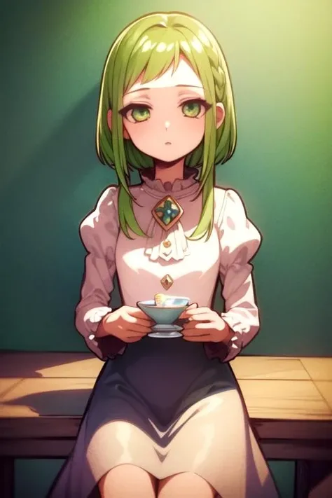 masterpiece, best quality, illustration, 1girl, solo, looking at viewer, , depth of field, anime coloring, realistic, <lora:sakura_nanamine:0.70>, sakura_nanamine, green hair, green eyes, sidelocks, , fairy tale costume, neverland: A lost island where children can stay forever young,