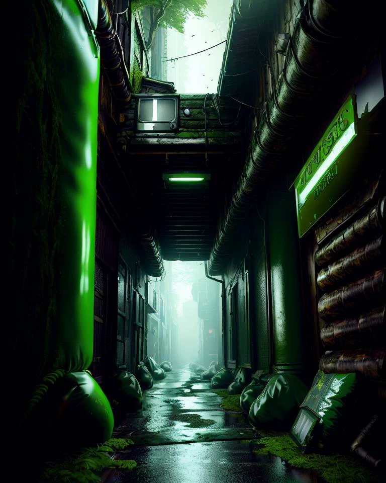 ((best quality)), ((masterpiece)), ((realistic,digital art)), (hyper detailed), LatexTech Alleyway Moss-Covered Logs,Street Sign,Porch, scifi, inflatable, zippers, octane rendering, raytracing, volumetric lighting, Backlit,Rim Lighting, 8K, HDR, <lora:LatexTech:0.8>