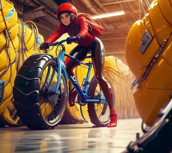 (woman riding a bike inside a bike factory), front wheel, low angle shot, bicycle ride woman, pedaling a bicycle, on a bicycle factory, bicycle with woman on it in front of a factory, bicycle production line, LatexTech bicycle parts, detailed photo of virtual LatexTech world factory, bicycle assembly line <lora:LatexTech:1.20>