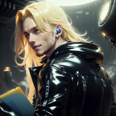 <lora:LatexTech-20:0.9>,LatexTech,scifi, zippers , ,
yellow scholar , scroll, 1boy,long hair, blonde hair, glowing eyes, smile ,closed mouth, man