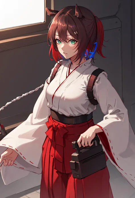best quality, masterpiece, highres, solo, (catapult_arknights:1.10), (white kimono:1.35), (red hakama:1.35), (wide sleeves:1.20), 14 <lora:catapult_arknights:0.80>