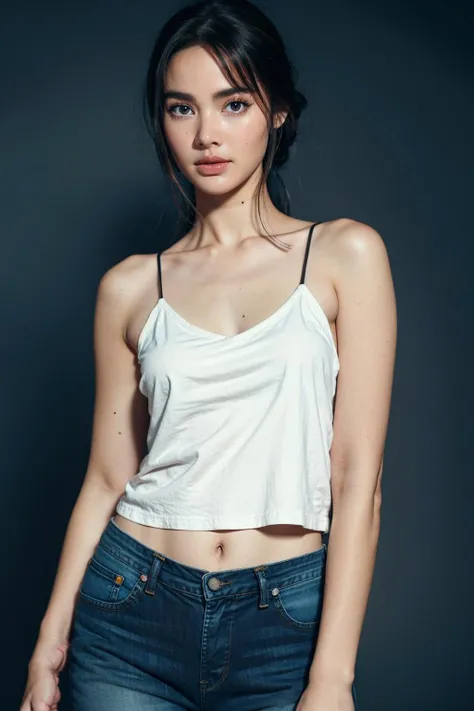1girl, black hair, white camisole, jeans, (isolated on dark-grey background:1.2), dynamic pose, (soft lighting:1.2), shot on Canon EOS 5D, <lora:yaya-sV1-000010:0.6>, best quality, ultra high res, (photorealistic:1.4), masterpiece, real life skin, hyper real, perspective, detailed beautiful eyes and detailed face,