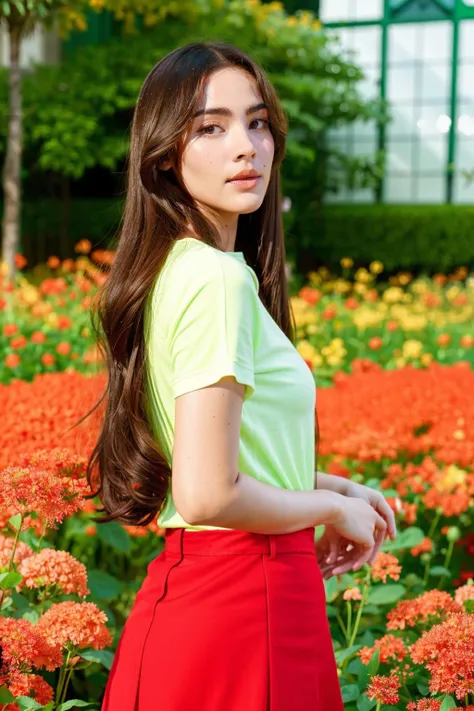 yaya-u, 1girl, red skirt, white shirt, standing, (flower green house background:1.2), (rim light:1.2), <lora:yaya-sV1-000010:0.85>, best quality, ultra high res, (photorealistic:1.4), masterpiece, real life skin, hyper real, perspective, detailed beautiful eyes and detailed face,