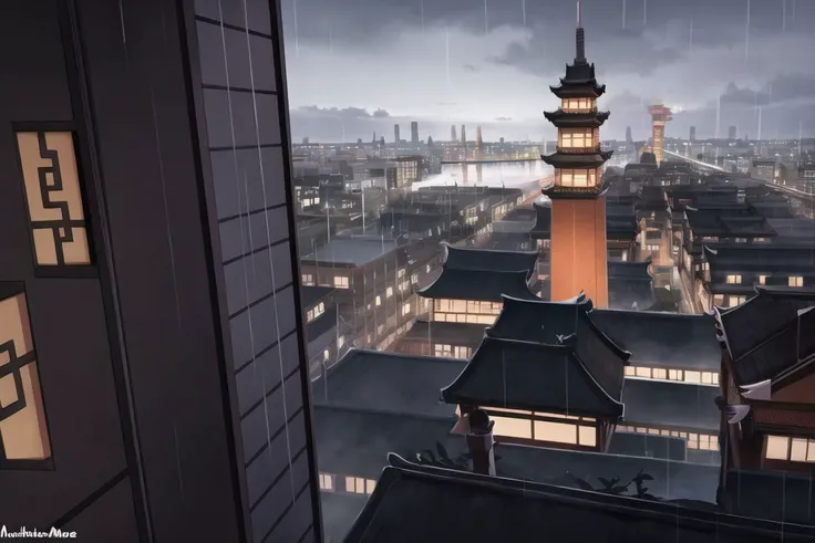 masterpiece, <lora:aestheticc_meme-69:1> aestheticc_meme,
no humans, rain, city, cityscape, east asian architecture, tower