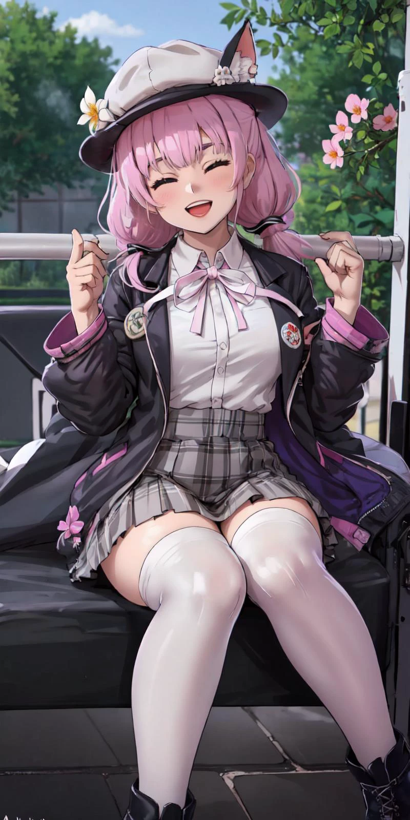 1girl, thighhighs, open mouth, skirt, long hair, pink hair, hat, white legwear, smile, white shirt, sitting, shirt, :d, solo, blush, boots, black footwear, twintails, very long hair, black headwear, eyebrows visible through hair, pleated skirt, animal, long sleeves, bangs, looking at viewer, collared shirt, jacket, outdoors, red eyes, wide sleeves, plant, flower, plaid, day, white jacket, sidelocks, white flower, dress shirt, ribbon, animal ear fluff, knee up, parted bangs, pink eyes, hair ribbon, black jacket, feet out of frame, white ribbon, sunlight, closed eyes, head tilt, hand up, miniskirt, purple hair, pink flower, open clothes, coat, hands up, twitter username, green eyes, sleeves past wrists, purple eyes<lora:Aestheticc Meme - Artist Style:0.8><lora:Aestheticc Meme - Artist Style:0.8>