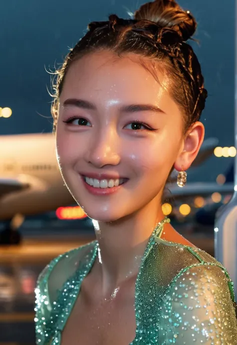 cinematic photo of frontlight,1girl,22yo,
<lora:zdy_XL_0_:1>,zdy,close-up,
front view,there's a plane in the background,at the airport runway,cinematic_lighting,rain,braided bun,crazy smile,evening_gown,, 35mm photograph, film, bokeh, professional, 4k, highly detailed