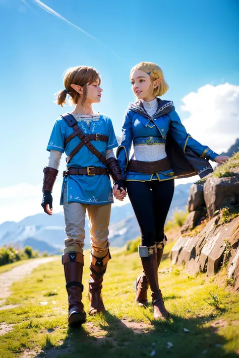 masterpiece, best quality, <lora:lxz-000010:1> ,princess zelda, 1boy, 1girl, pointy ears, link, blonde hair, gloves, smile, closed eyes, outdoors, cape, fingerless gloves, boots, holding hands, braid, short hair, open mouth, crown braid, twitter username, pants, blush, day, knee boots, walking, sky, mountain, hair ornament, shirt, hood, hairclip, full body, belt, grass, blue shirt, brown footwear, ^_^, black pants, long sleeves, blue sky
