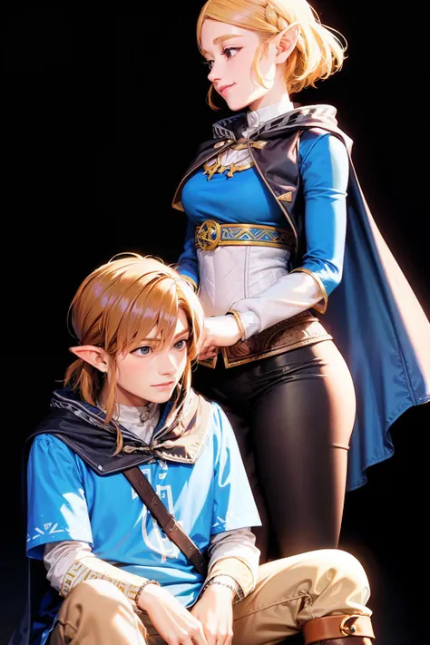 masterpiece, best quality, <lora:lxz-000010:1> ,1boy and 1girl,smile,(black background:1),blue cape, simple background, standing, sitting, (kbxll:0.8)