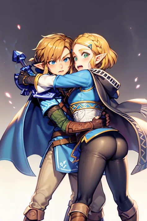 masterpiece, best quality, <lora:lxz-000010:1> ,1girl, princess zelda, link, 1boy, pointy ears, blonde hair, blue eyes, sword, weapon, cape, ass, green eyes, gloves, hair ornament, hairclip, open mouth, short hair, master sword, hug, braid, earrings, ponytail, jewelry, blush, fingerless gloves, boots, pants