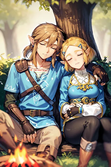 masterpiece, best quality, <lora:lxz-000010:1> ,1girl, link, 1boy, princess zelda, blonde hair, pointy ears, sleeping, gloves, blue eyes, hair ornament, fingerless gloves, hairclip, closed eyes, tree, bangs, sitting, fire, short hair, sidelocks, sleeping on person, shirt, hair between eyes, blue shirt, pants, leaning on person, jewelry, against tree, parted bangs, collarbone, long sleeves, closed mouth, earrings, sleeping upright, boots, brown gloves, black gloves, campfire, outdoors, nature, head on another's shoulder, smile, forest, medium hair, braid, brown footwear, blurry, short over long sleeves, layered sleeves, brown pants, holding