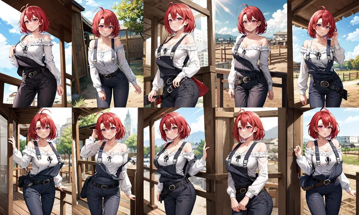 anime girls with red hair and blue eyes wearing a skirt and an open shirt revealing a black bra