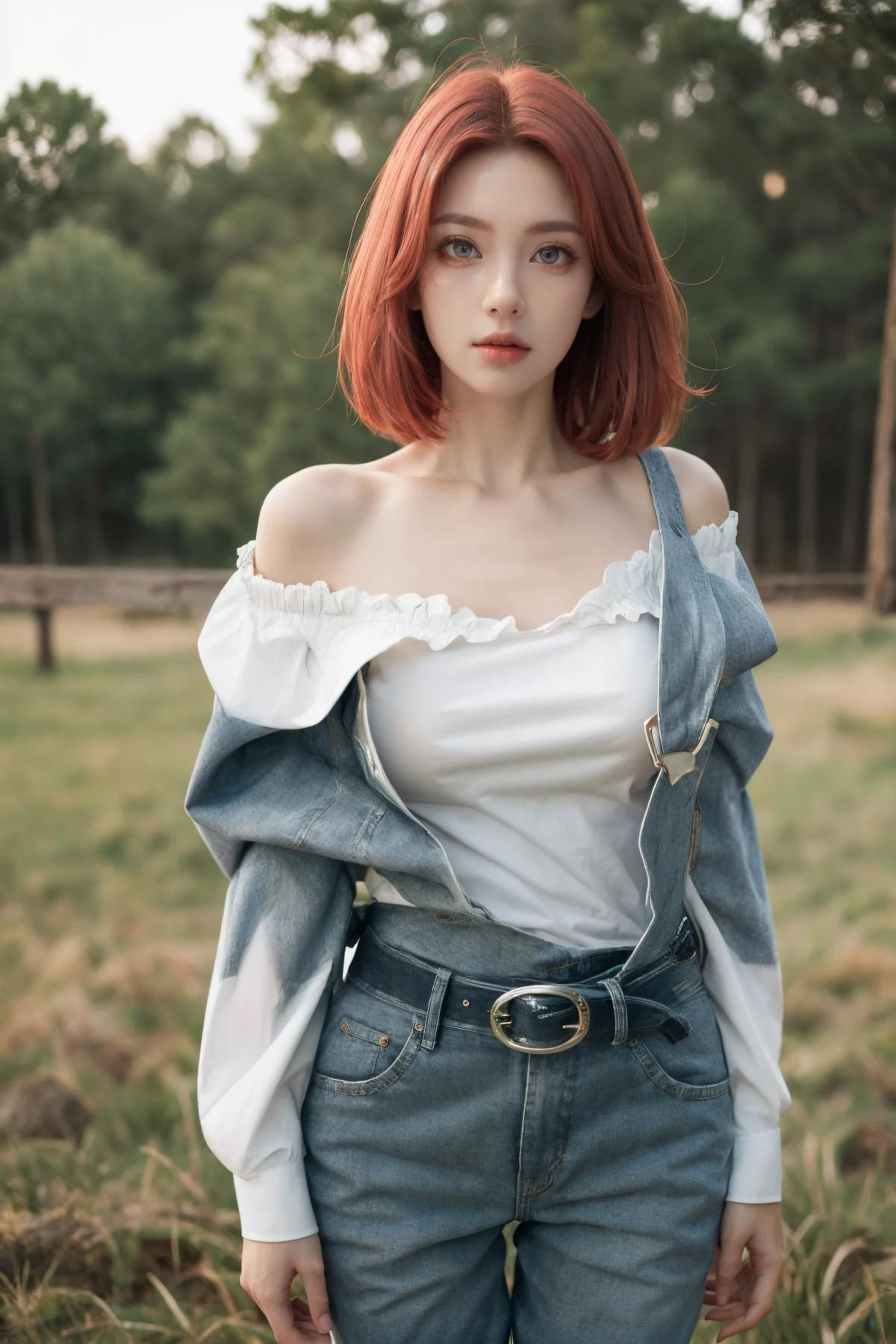 (Best Quality, Masterpiece:1.4), (Realism:1.2), (Realisitc:1.2), (Absurdres:1.2), (photorealistic:1.3), Realistic Skin,Solo,( Very Big Eyes,beautiful detailed eyes, symmetric eyes,), ((cowboy shot)),1girl,solo,
gscg, ahoge, overalls, white shirt, collarbone, off shoulder, long sleeves, belt, long pants, large breasts, <lora:cow_girl_v1:1>, cowboy shot, standing, outdoors, grass,