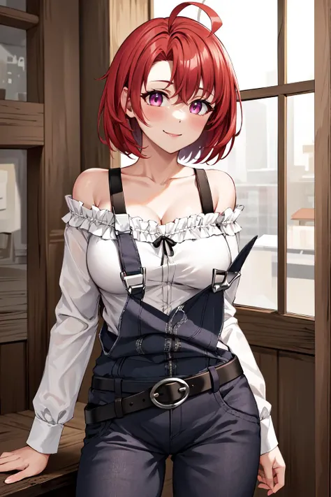 masterpiece, best quality, highres, gscg, ahoge, overalls, white shirt, collarbone, off shoulder, long sleeves, belt, long pants, large breasts, <lora:cow_girl_v1:0.8>, cowboy shot, standing, smile,