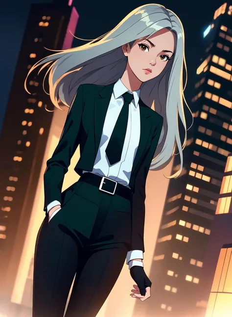 (masterpiece, best quality),(((from below, depth of field, dutch angle, green lighting))), floating hair, 1girl, solo, formal, hand in pocket, suit, black gloves, building, looking at viewer, black necktie, fingerless gloves, white shirt, city, outdoors, black jacket, belt, black pants, collared shirt, brown eyes, standing, long sleeves, grey hair, cityscape, open jacket, cowboy shot, skyscraper, black suit, night, pant suit, very long hair