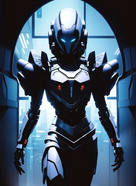 An alien creature dress with metal and glass, in the style of cyberpunk manga, high contrast shots, 8k resolution, neo - renaissance, contrasting light and dark tones, uncanny valley realism, dark white