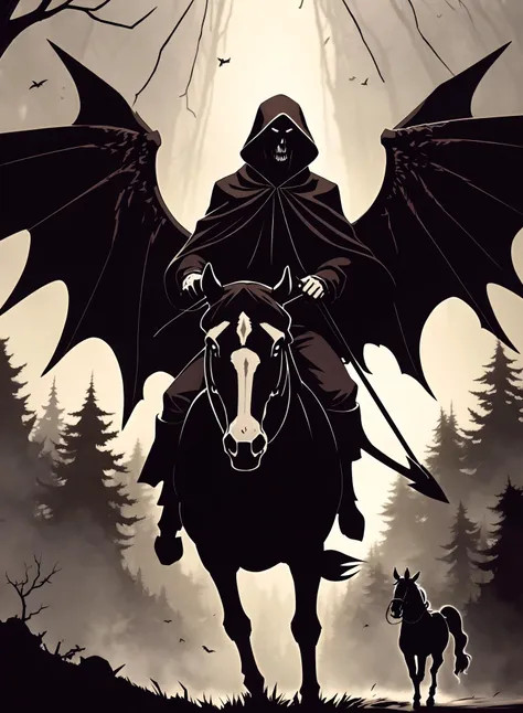 A grim reaper with wings is going through the trees on a horse, in the style of chiaroscuro mastery, dark and chaotic, hurufiyya, ravencore, dynamic and action - packed, monochromatic mastery, les nabis