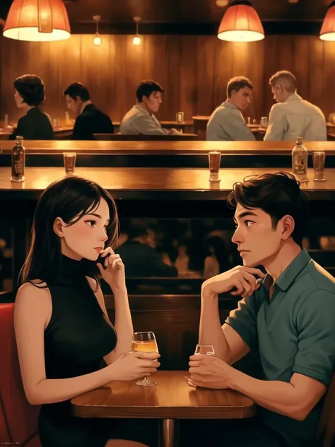 UHD, 8k, ultra detailed, a cinematic photo of a man and woman sitting together in a restaurant, intimate conversation