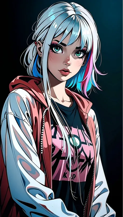 Masterpiece, best quality, ((White hair, flowing hair, beautiful woman)), , <ti:prettyeyes> <ti:eyeliner5> <lora:egirlmakeupv1:0.5> egirlmakeup <ti:SceneKidNogenderNoT4N> <ti:NeonLightingScene> <lora:apstyle2:0.5> apstyle3