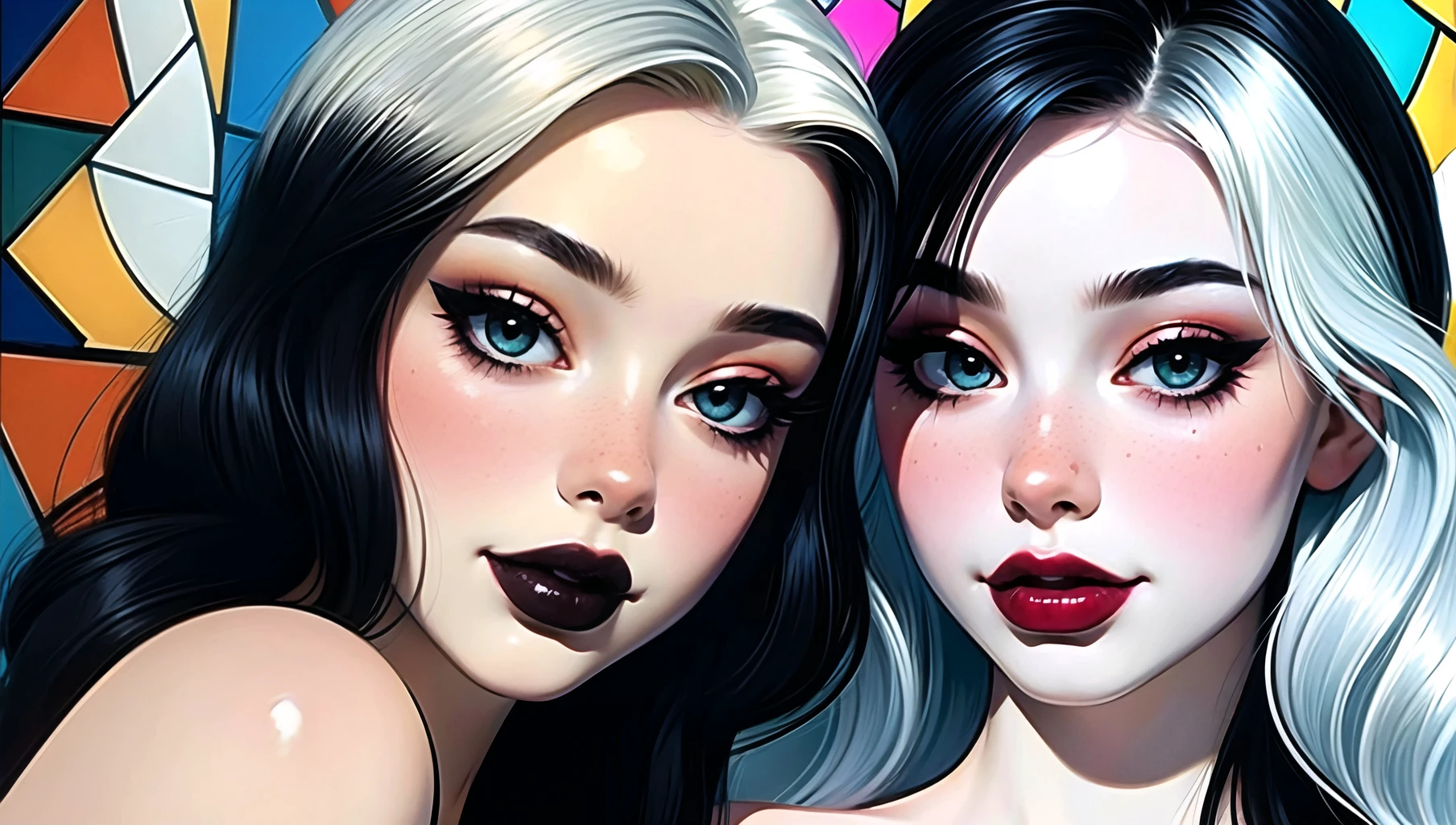 <lora:more_details:0.5> Smirk, smug, seductive, playful smile, Masterpiece, best quality, , Intricately detailed, eyeliner, blonde hair, black hair, (multicolored hair), bangs, eyeshadow, (black lipstick, pale white skin), dreamy eyes, heavenly light, Cathedral, stained glass windows, filigree, embroidery,, ornate, <lora:russian_flavor_v1:0.5> , <lora:Egirl:0.5>