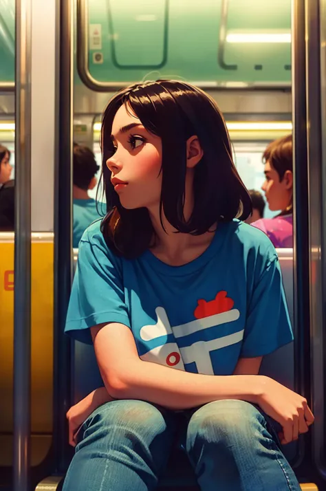 (masterpiece, best quality),1girl, slim, hispanic, jeans and tshirt,sitting on a subway train, looking to the side, subway car door, from below, solo focus