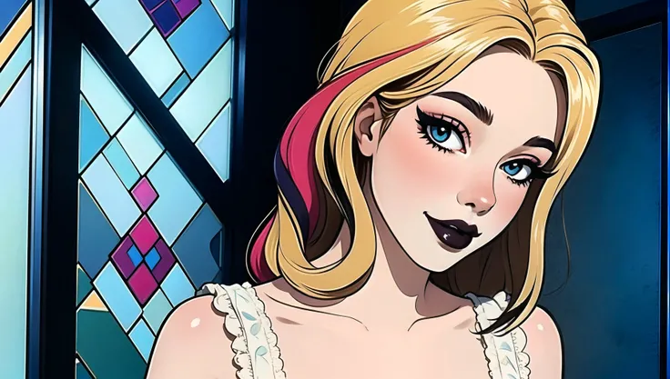 Smirk, smug, seductive, playful smile, Masterpiece, best quality, , Intricately detailed, eyeliner, blonde hair, black hair, (multicolored hair), bangs, eyeshadow, (black lipstick, pale white skin), dreamy eyes, heavenly light, Cathedral, stained glass windows, filigree, embroidery,, ornate, <lora:russian_flavor_v1:0.5> , <lora:Egirl:0.5>
