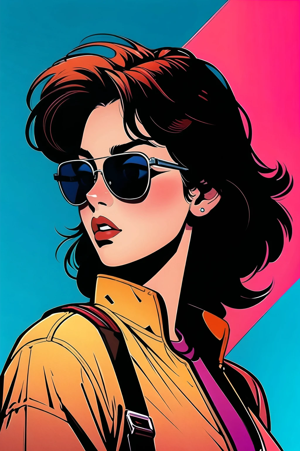 Masterpiece, best quality, an upper body shot of a woman walking through a city, aviators, sunglasses, tinted, (upper body), walking, portrait, side view, city street, <lora:1990:0.4> <ti:prettyeyes> <ti:eyeliner5> vibrant colors, high contrast, <ti:eonn>