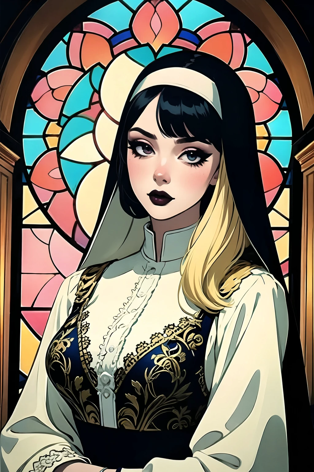 (black lipstick, pale white skin), sexy, seductive, <lora:Occult_XL:0.2> Nun, Masterpiece, best quality, , Intricately detailed, eyeliner, blonde hair, black hair, (multicolored hair), bangs, eyeshadow, heavenly light, Cathedral, stained glass windows, filigree, embroidery,, ornate, <lora:Egirl:0.4>, eyeshadow, eyeliner, <ti:prettyeyes><ti:HairDetail>, <ti:eyeliner5>,<ti:OverallDetail>,,