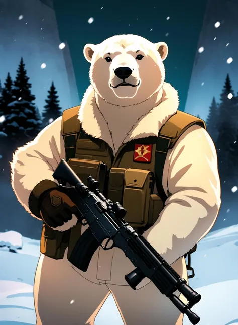 Courageous polar bear in full winter military uniform, holding a carbine rifle, anthropomorphic, super detail, ultra hd, 8k, real life, maximum facial detail, cinematic lighting