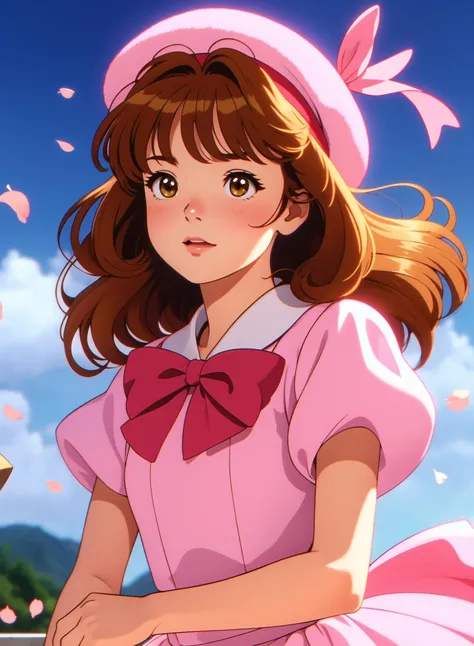 Analog, vhs, 8mm film, chromatic aberration, 1980s, A realistic film still of Sakura Kinomoto from live action film of Cardcaptor Sakura, youthful and sweet appearance, Sakura's hair is chestnut brown and falls in soft, wavy locks that reach slightly below her shoulders, Sakura's hat is a pink beret hat and has a big ribbon, Her pink dressand consists of multiple layers, big red bow at the front of the dress, The top layer features ruffled short sleeves and a ruffled collar, The dress is adorned with various bows and ribbons