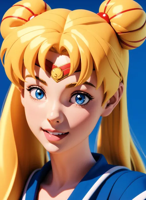 Sailor Moon girl blonde with two buns of hair long ponytails, with blue eyes in a blue Japanese school uniform smiling charmingly in the style of 3D realism close - up