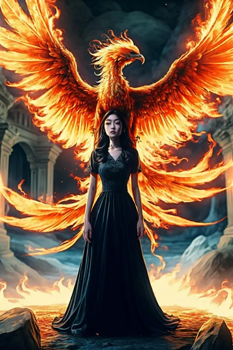 A girl wearing a long dress danced and performed a prayer ritual in front of a giant stone gate,a giant fire phoenix lurked in the sky,(Phoenix of Sora:1.2) ,<lora:PhoenixSora:0.7>,
very long hair,sword,wide_shot,<lora:add_detail:0.6>,a rocky cliff,
mythology,fantasy,drama,dreams,detail,(flower) ,<lora:GPTS4 dreamwave full_478773:0.3>,<lora:GoodHands-beta2:0.9>,<lora:cn_girl-000002:0.6>,