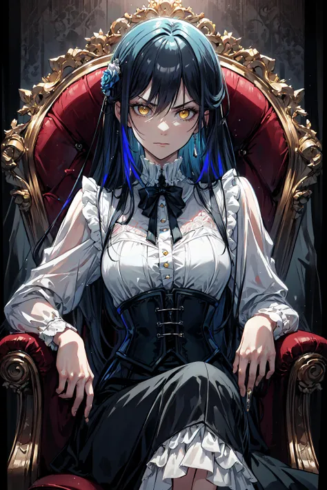 beautiful, (masterpiece), best quality, (extremely detailed face), extremely detailed eyes, perfect lighting, OverallDetail, detailed, deep skin,textured skin,
, <lora:makima_offset:0.8>,makima \(chainsaw man\),bangs,medium hair, ringed eyes,yellow eyes, chainsaw man, ,
,<lora:ElegantVic:0.8>,dhevictorian, victorian dress, corset, embroidery,shirt,skirt,
ballroom, fancy, sitting on fancy chair,
,<lora:Bluemageddon:0.8>,(florescent yellow theme), iridescent aura,
(angry:1.4 ),angry eyes,
