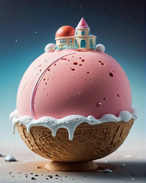 closeup of planets surface, concept art, small floating planet, Sitting in an ice cream stand, 80mm, <lora:small-planet-04:1>