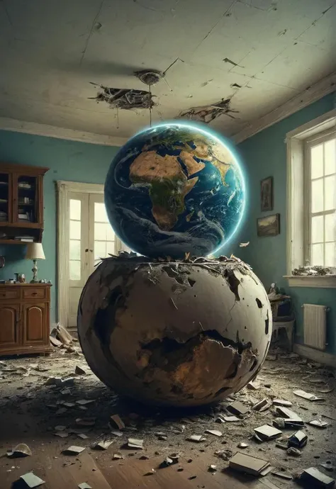 a small planet is floating and drifting in your house wrecking your stuff , <lora:small-planet-04:0.7>