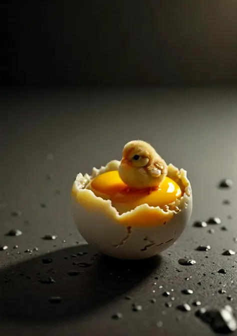a small floating perfect spherical planet that looks like an egg is cracked open at the bottom melting yolk, (tiny chicken walking on the surface:1.2),  low-key, cinematic, <lora:small-planet-04:0.8>