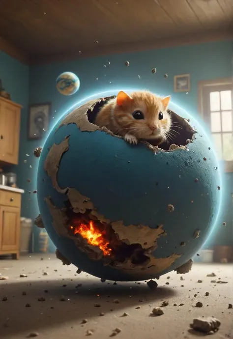a small pet-planet is randomly exploding is floating and drifting in your house wrecking your stuff , <lora:small-planet-04:0.7>