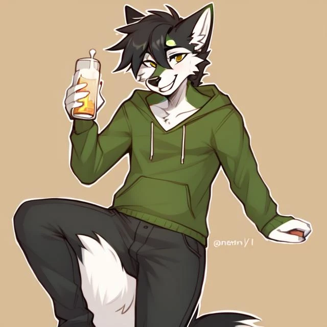 by <lora:JulieFurryMix:0.8>, canid, wolf, anthro, black hair, smile, teeth,smile, male, hoddie, solo, glass of milk, pants