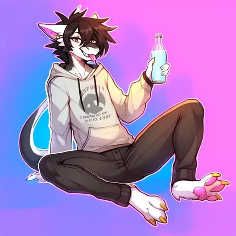 extremely detailed artwork, furry jovem e fofo, Furry with black fur, furry (anthro lobo de pele preta fofa), pointy ears, black short hair, black ears, red shine eyes, god of eyes, black round glasses without lenses, real wolf muzzle, black and fluffy hair all over the body, Black sweater with white stripes, black hair on thighs, cute thighs, detailed thighs, fluffy black wolf tail, white silk socks with gray print on the edge, sitting on knees, Extremely detailed crotch, showing the back, can dominant