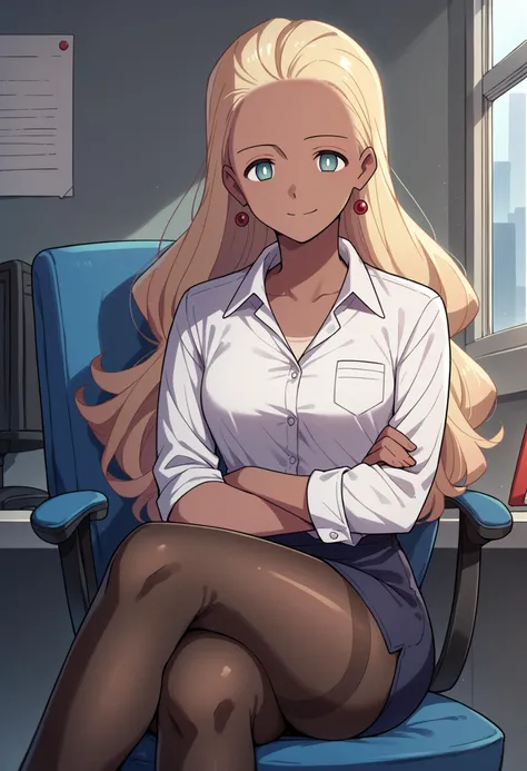 score_9, score_8_up, score_7_up, source_anime, 1girl, solo, tan, white pupils, aqua eyes, HaruSW, long hair, blonde hair, earrings, indoors, office lady, office chair, sitting, crossed legs, miniskirt, black pantyhose, dress shirt, smile, <lora:HaruVisionsPDXL_V1-Manityro-CAME:1>